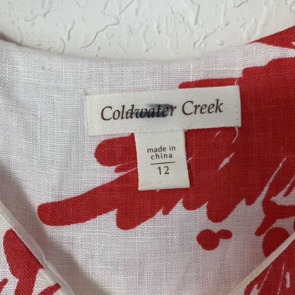 Coldwater Creek Dress Women 12 White Red Floral 100% Linen Pleated Beach Coastal - Picture 3 of 8